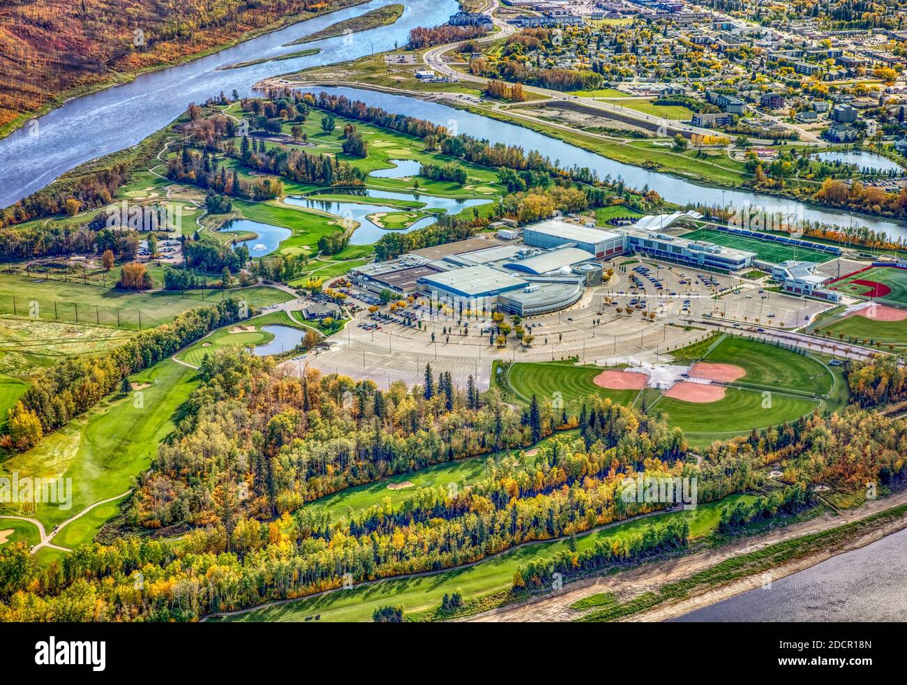 Aerial photo of MacDonald Island Park and Miskanaw golf course on MacDonald Island in Fort McMurray Alberta Canada. Stock Photo