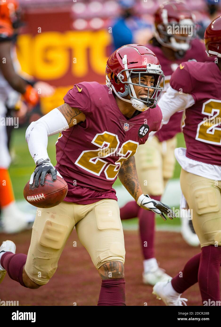 November 22, 2020: Washington Football Team cornerback Ronald Darby (23) recovers the fumble in the endzone for for a touchback during the NFL Game between the Cincinnati Bengals and Washington Football Team at FedEx Field in Landover, Maryland Photographer: Cory Royster Stock Photo
