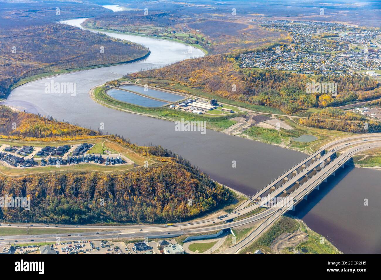 Aerial photo of the Athabasca River Bridge on Highway 63 at Fort McMurray Alberta Canada. Stock Photo