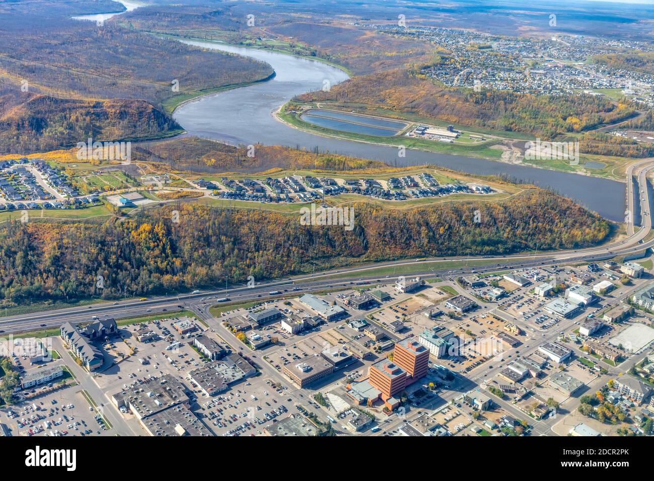 Aerial photo of the Athabasca River at Fort McMurray Alberta Canada. Stock Photo