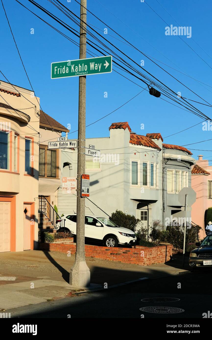 Corner of Frida Kahlo Way and Flood; sign for street named after Frida (formerly Phelan Avenue) in San Francisco, California, USA. Stock Photo