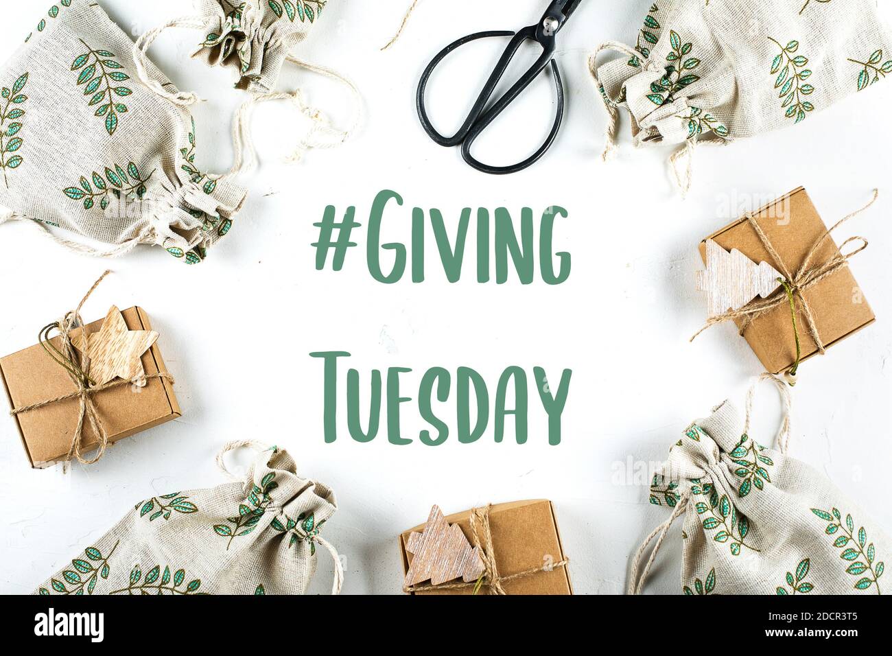 Giving Tuesday concept. Gift Wrapping Boxes. Zero Waste Gift Wrapping Holiday Season Eco-friendly Lifestyle. Top view, flat lay Stock Photo