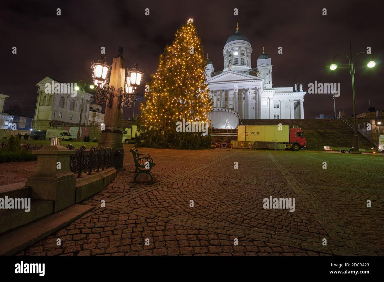 Helsinki, Finland November 22, 2020 Senate Square, a Christmas tree stands in the central square. Night photography. High quality photo Stock Photo