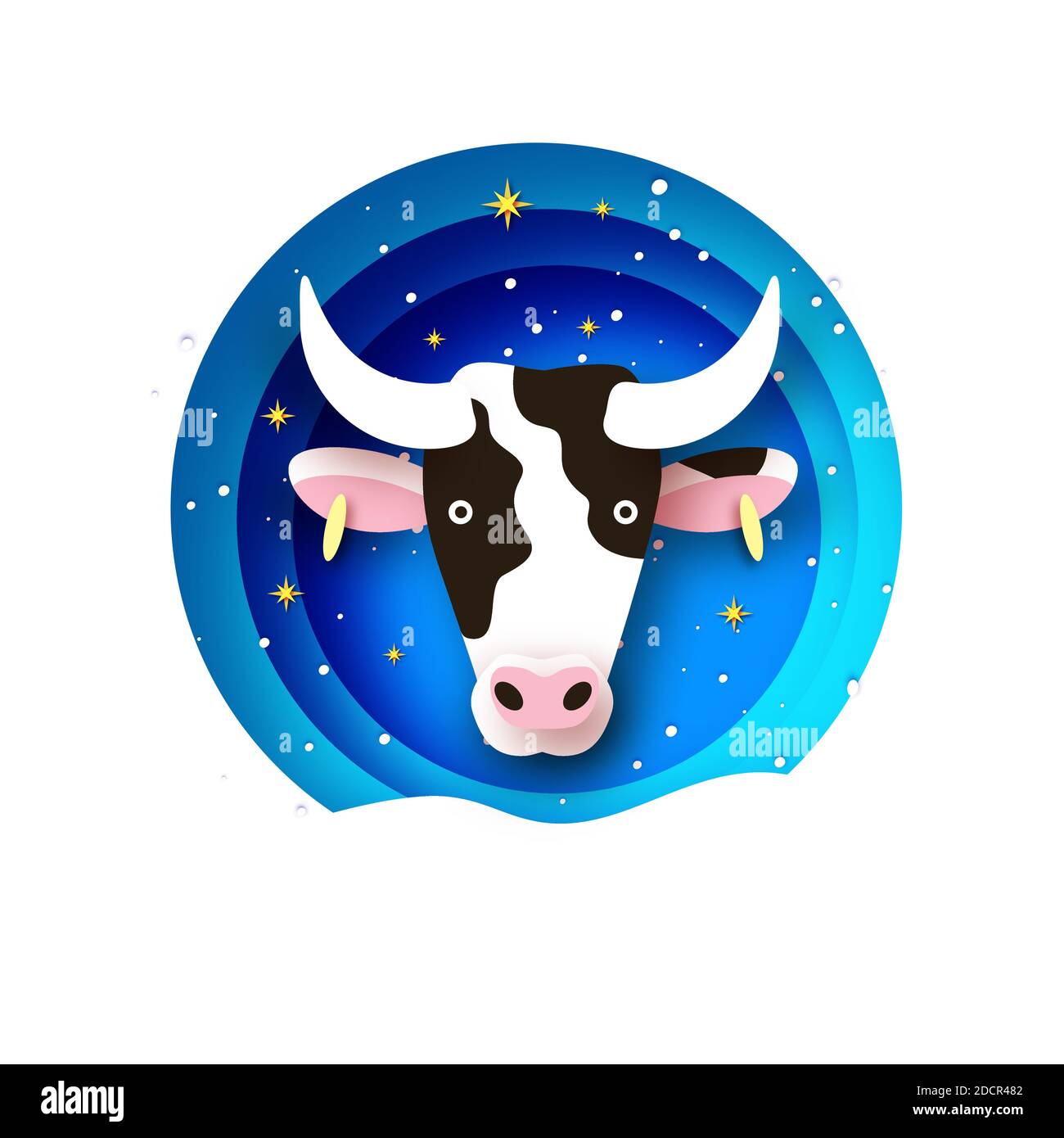 Bull New Year. Happy New Year. Bull, ox, cow. 2021 Lunar horoscope sign in paper cut style. Blue tunnel. Winter holidays. Stock Vector