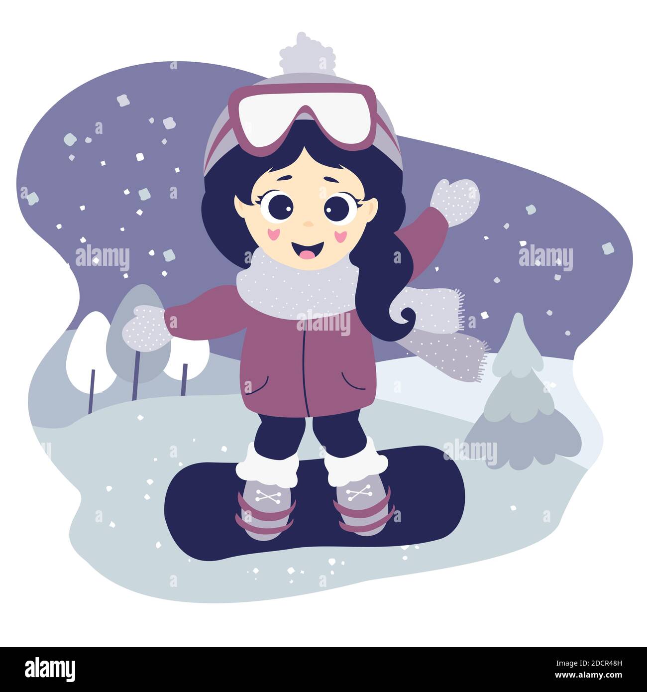 Winter sport. Cute pretty girl is snowboarding and waving. Character on ...