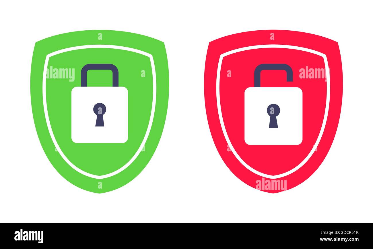 Shield with closed and opened padlock on it security protection symbol set. Stock Vector
