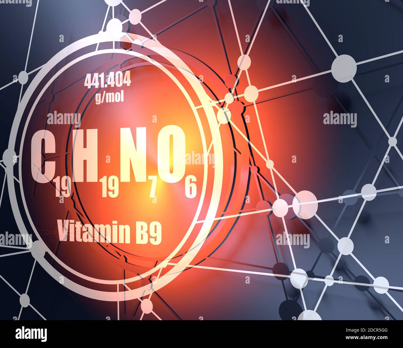 Chemical formula of vitamin B9 or folic acid. Connected lines with dots