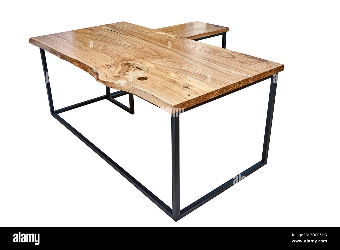 Live edge elm gaming desk countertop with metal base on white background Stock Photo