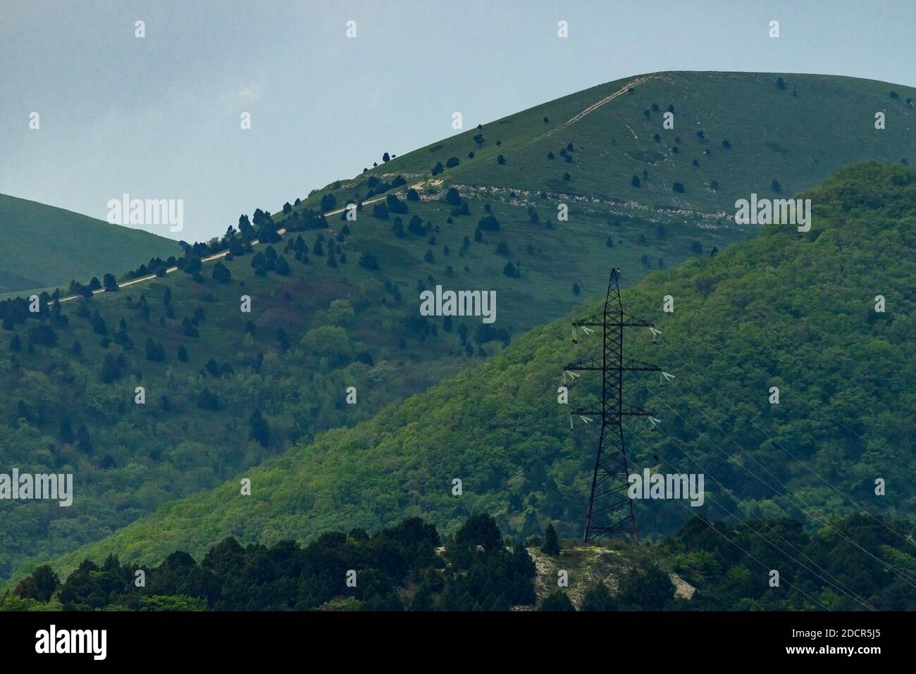 High voltage power lines in mountain forest Stock Photo - Alamy