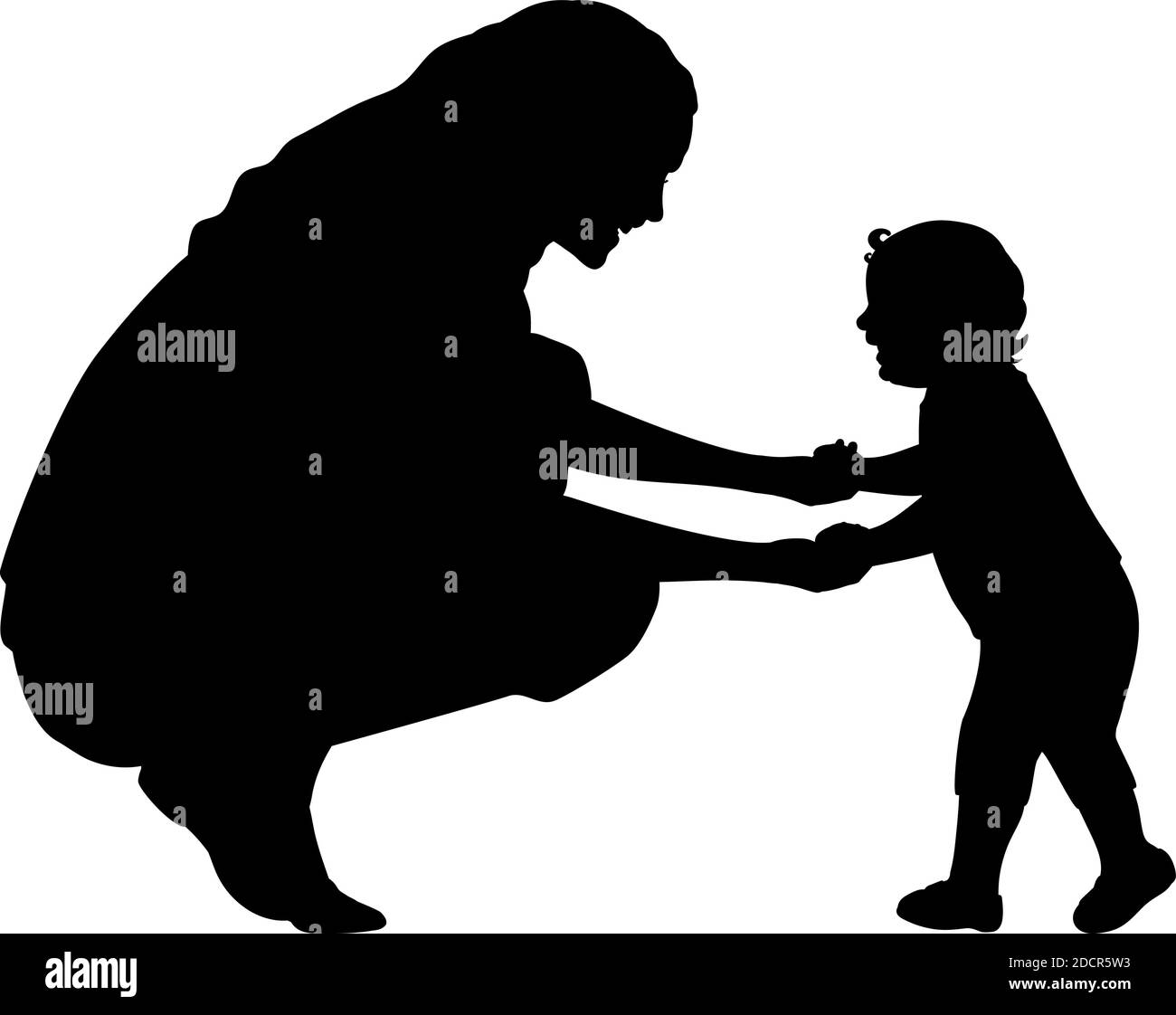 Silhouette mother holding little son by hands Stock Vector