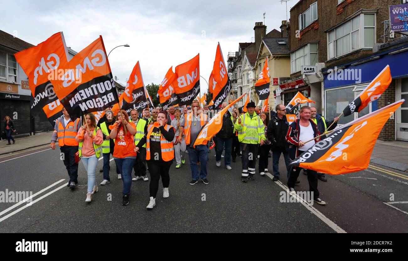 File photo dated 10/07/14 of public sector workers and members of the GMB union making their way through Brighton, during a one-day walkout over bitter disputes over pay, pensions, jobs and spending cuts. Conservative MPs are being warned of consequences at the next general election if they support a freeze on the pay of public-sector workers. Stock Photo
