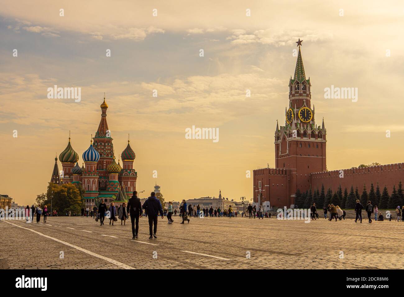 MOSCOW, RUSSIA - NOVEMBER 18, 2020: Red square,view of St. Basil's Cathedral and the Spasskaya tower of the Kremlin. Red Square sunrise with beautiful Stock Photo