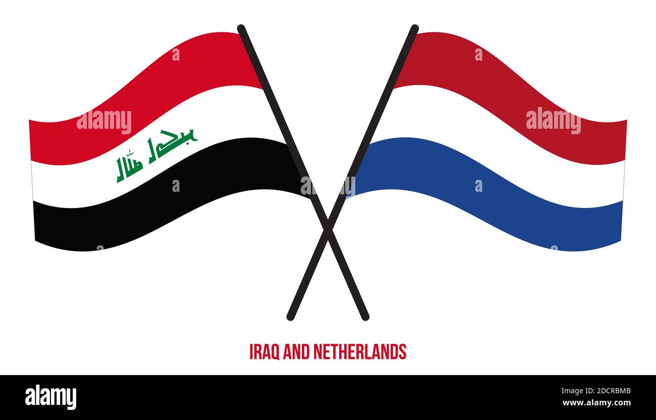 Iraq and Netherlands Flags Crossed And Waving Flat Style. Official Proportion. Correct Colors. Stock Photo
