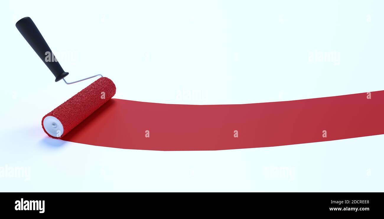 Paint roller with red color. Isolated on white background. 3D rendered