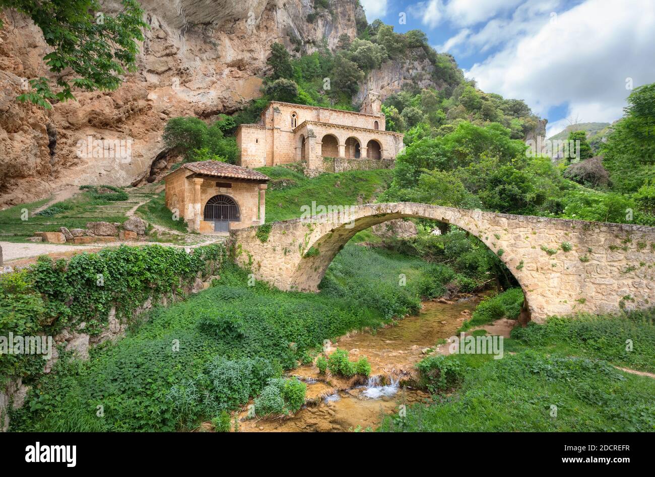 Tobera, Spain. Ancient roman bridge and chapel Ermita de Santa Maria de la Hoz Stock Photo
