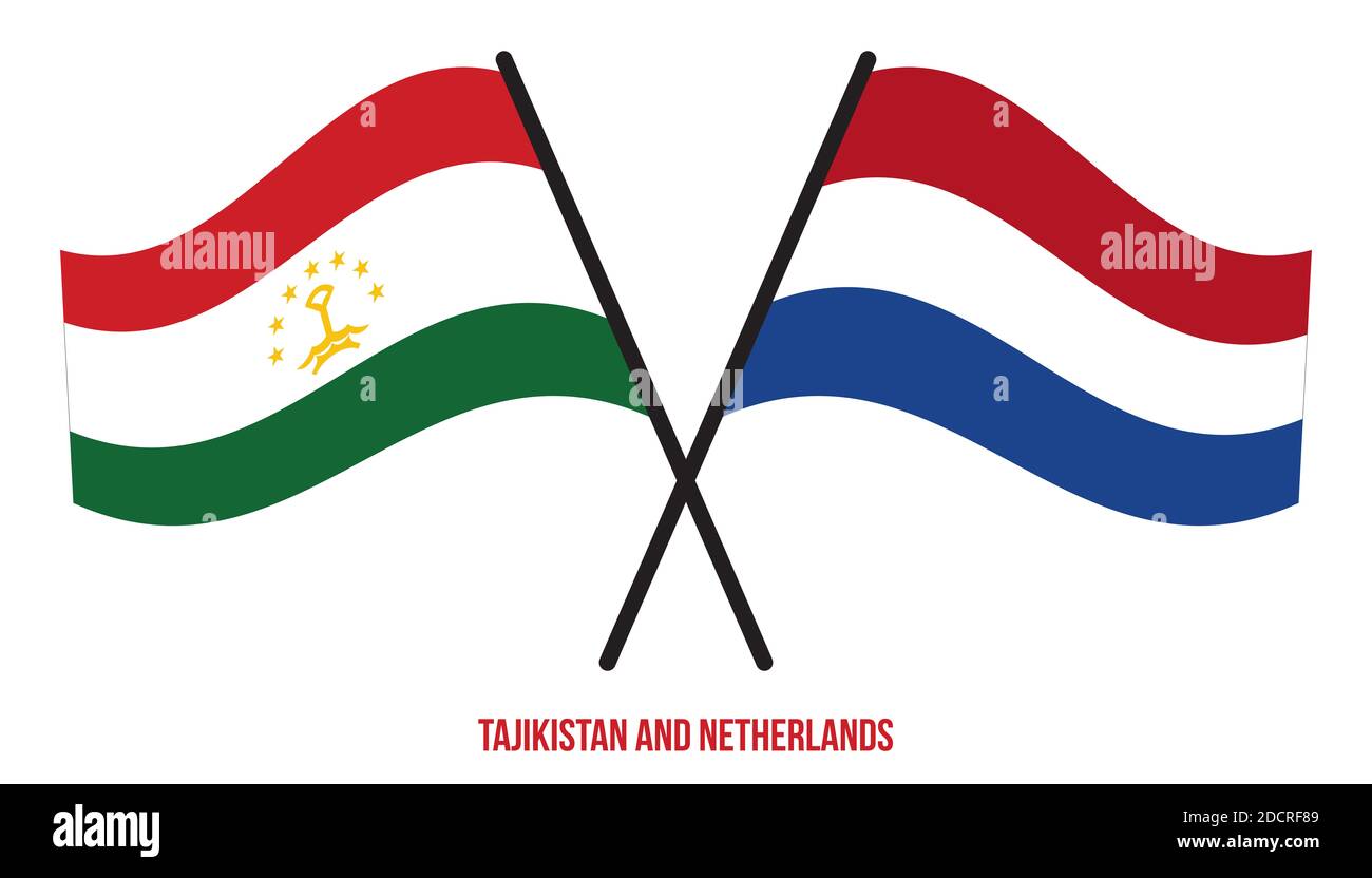 Tajikistan and Netherlands Flags Crossed And Waving Flat Style. Official Proportion. Correct Colors. Stock Photo