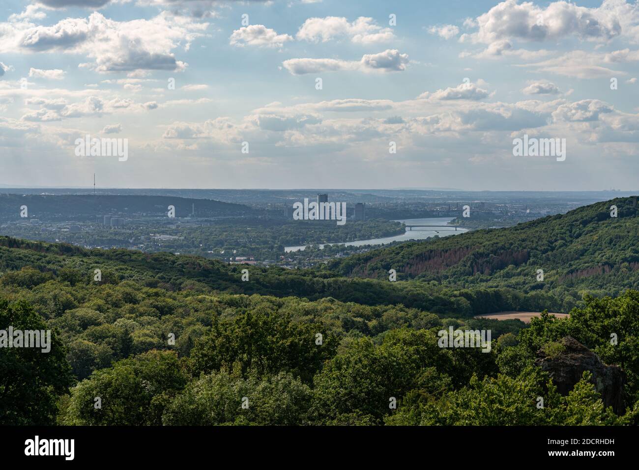 View from the top of the rock wall of the Stenzelberg over Bonn and the rhine valley far to Cologne. Stock Photo