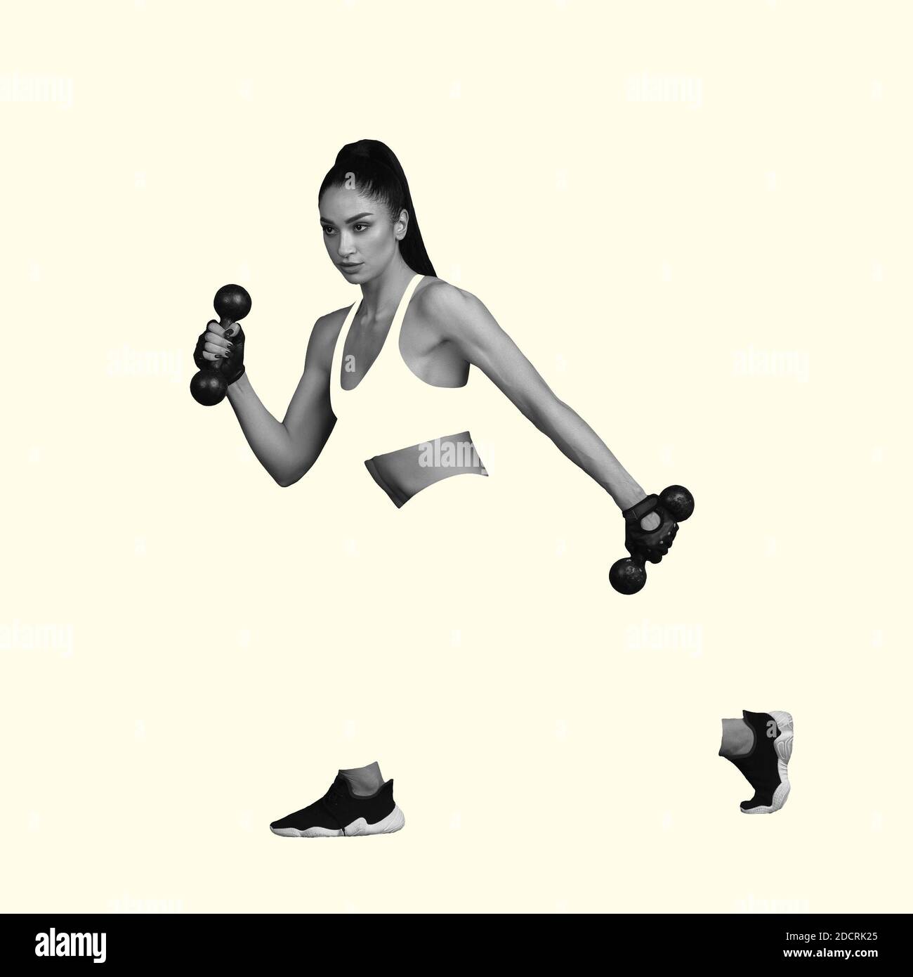 Fitness, athletic. Young caucasian sportswoman isolated on studio background, modern artwork. Healthy lifestyle, movement, action, motion, advertising and sports concept. Abstract trendy design. Stock Photo