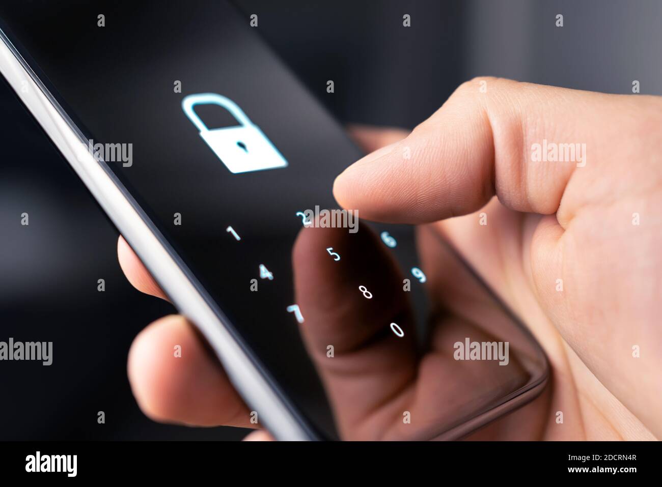 Mobile phone security code, password or lock for personal online privacy and verification. 2FA (two factor authentication) and passcode for data. Stock Photo