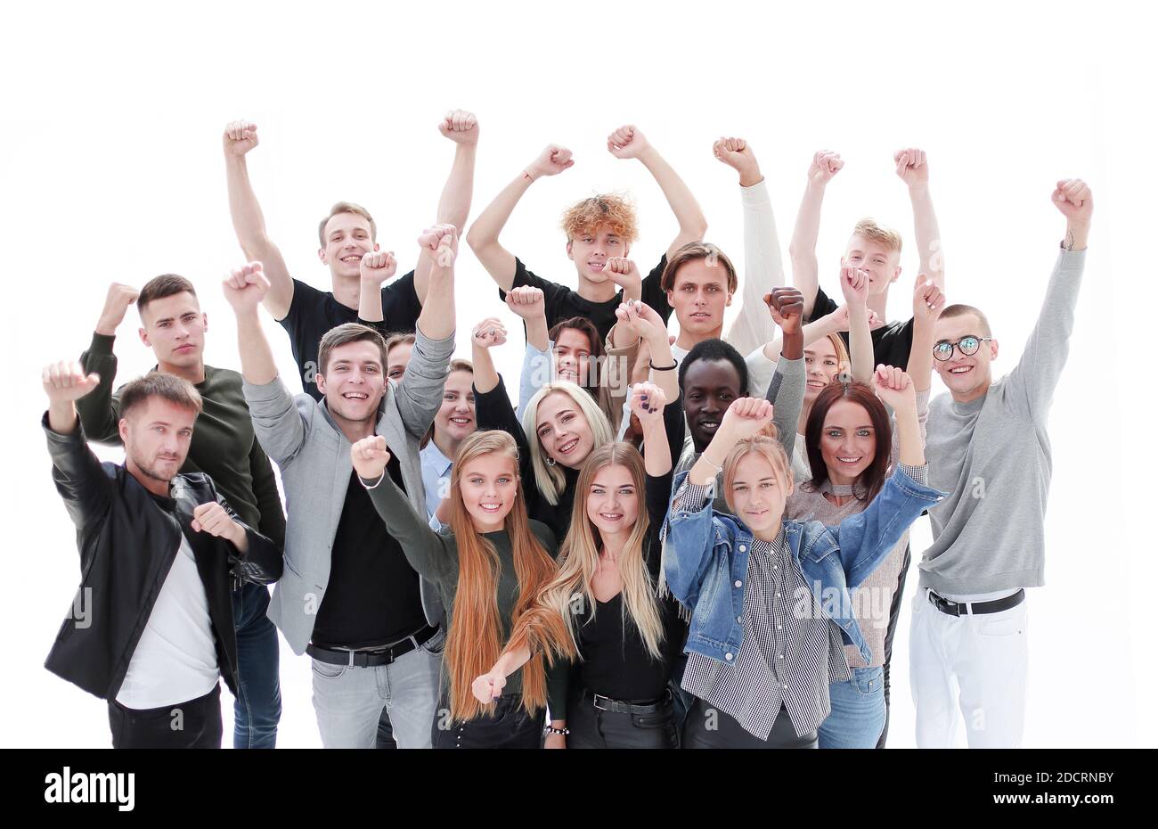 large group of happy young people with hands up Stock Photo - Alamy