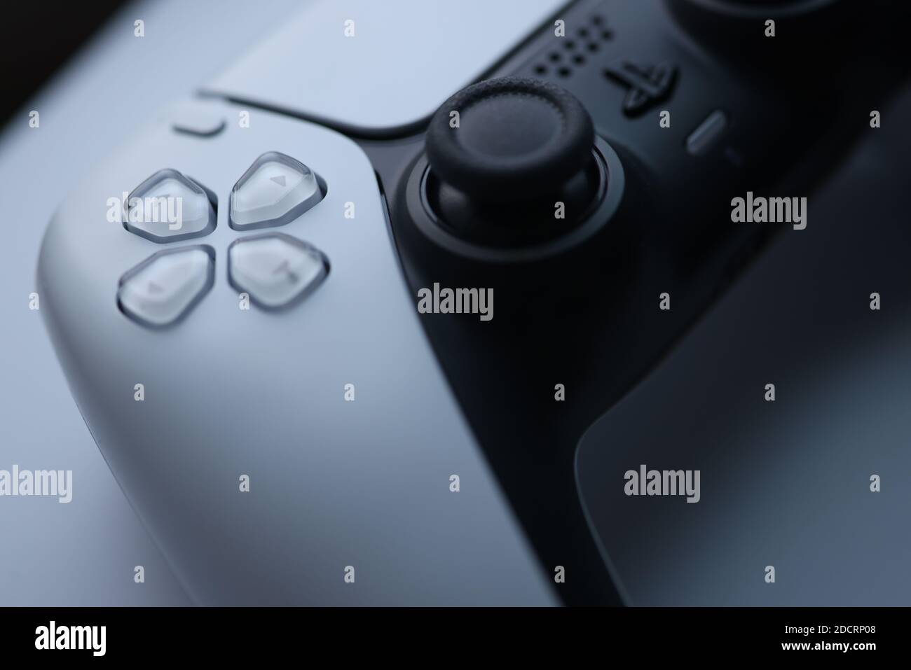 White sonyplaysation 5 gamepad closeup background Stock Photo