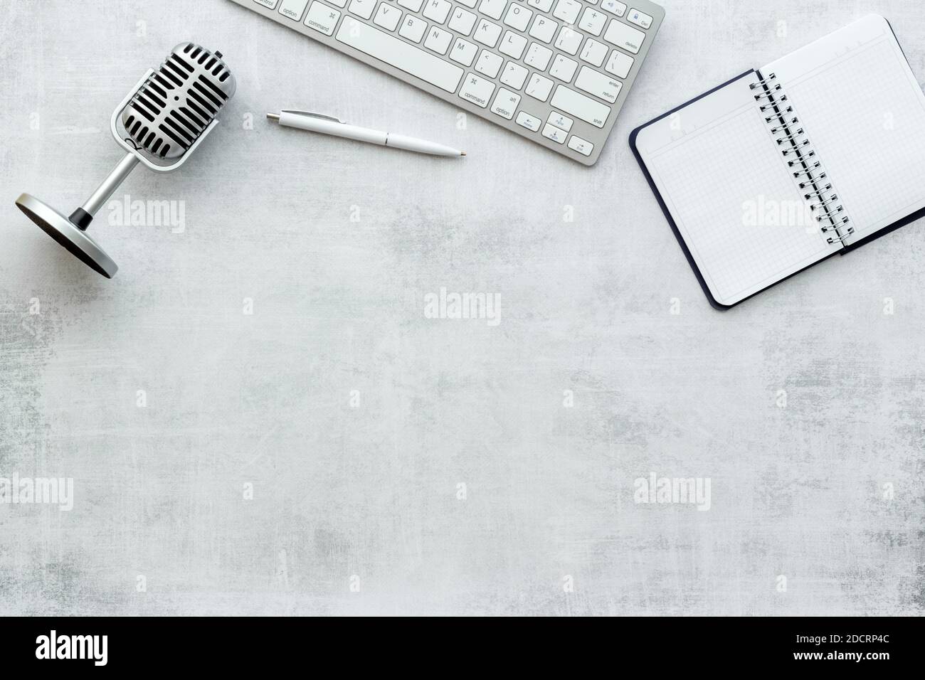 Blogger and streamer job with microphone on table, top view Stock Photo