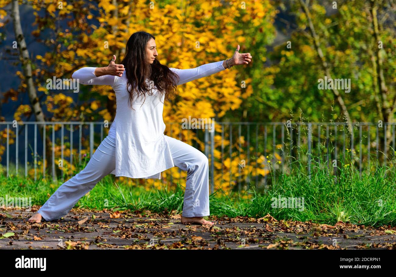 Positions of arms and hands of yoga practiced in the park Stock Photo