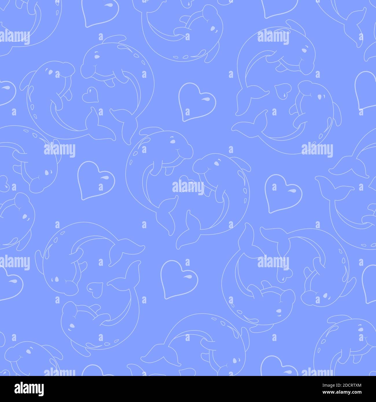 Dolphins seamless pattern on a lilac background. White lines and hearts. Stock Vector