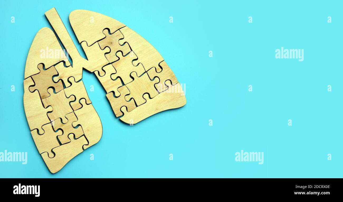 Wooden lungs from pieces of puzzles on the blue background. Stock Photo