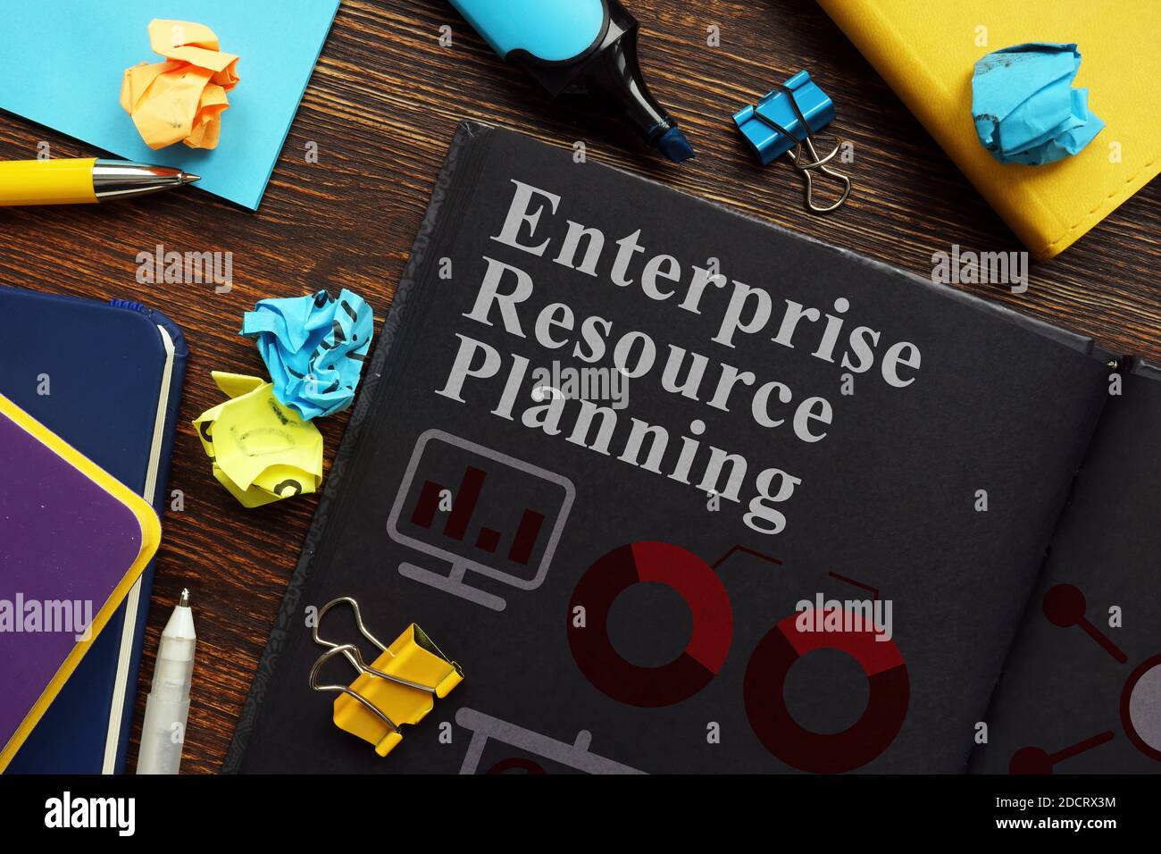Enterprise Resource Planning ERP documents with charts and marks. Stock Photo