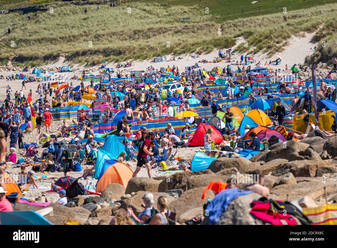 Over Crowded Sennen Cove Beach Summer 2020 Covid-19 No Social Distancing Stock Photo