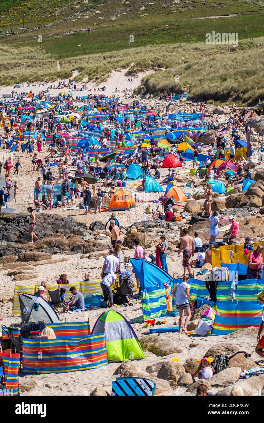 Over Crowded Sennen Cove Beach Summer 2020 Covid-19 No Social Distancing Stock Photo