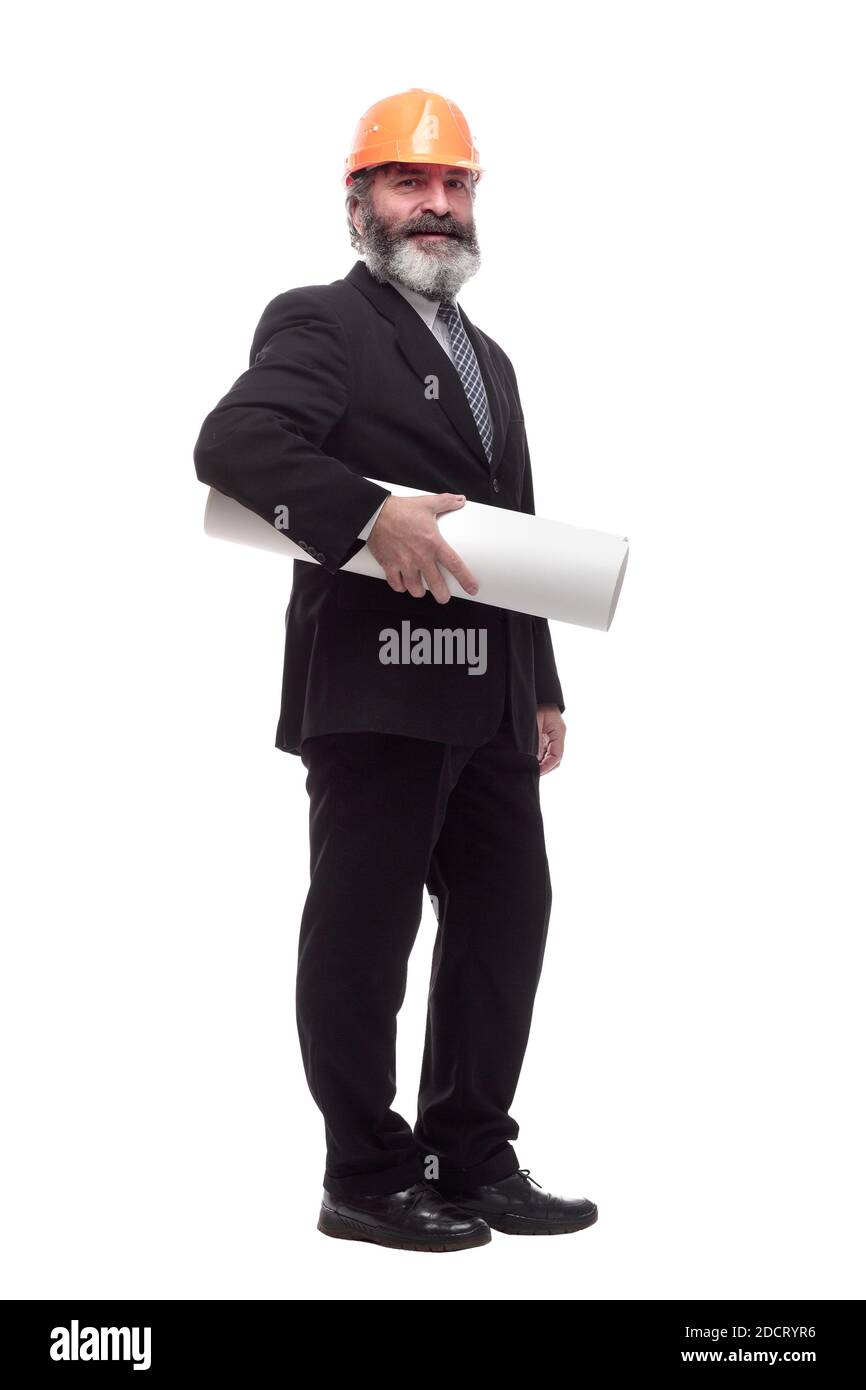 in full growth. smiling architect with a roll of drawings Stock Photo