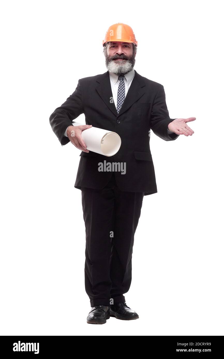 architect with a roll of drawings looking at you. isolated on a white Stock Photo