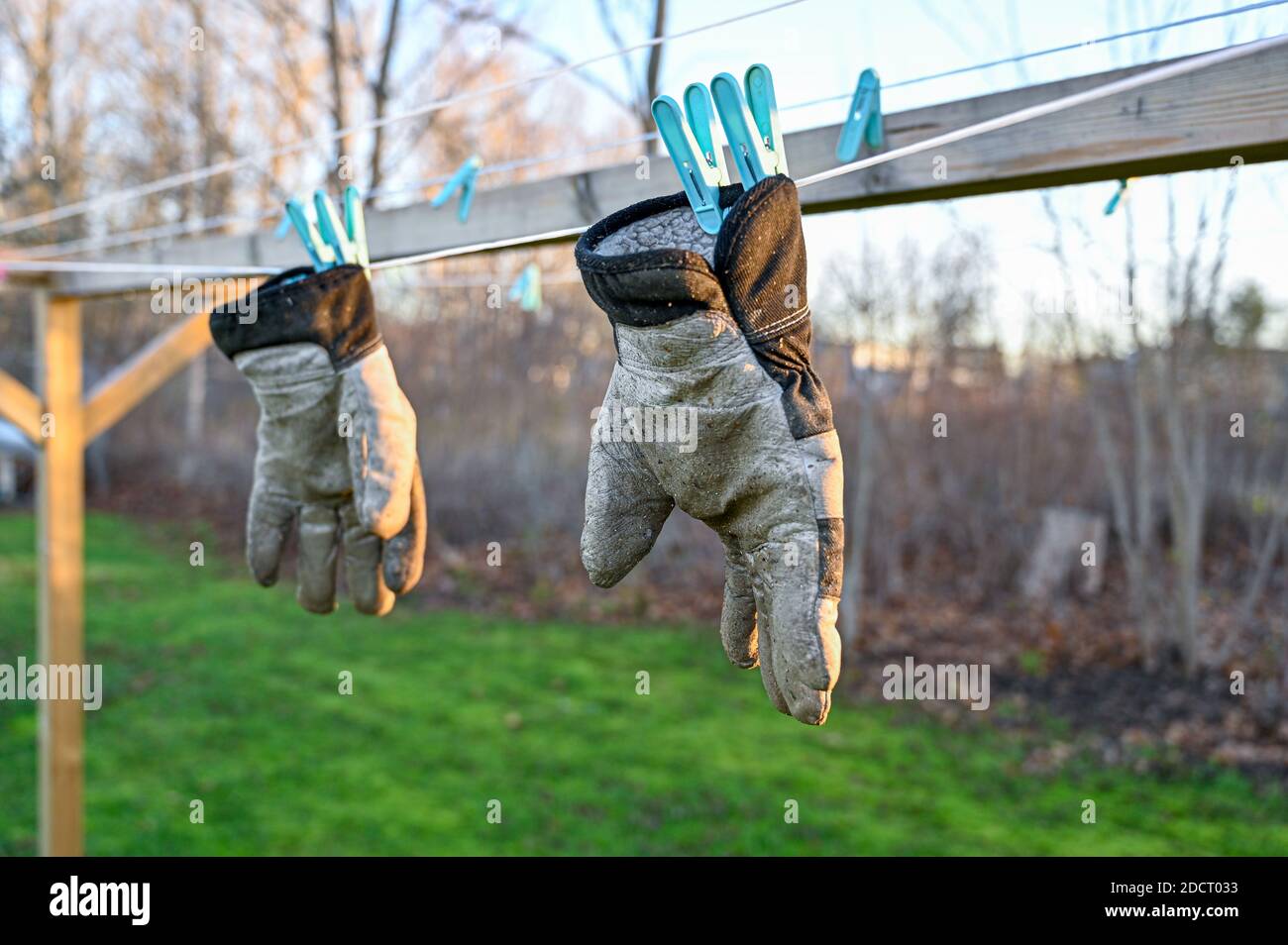 pair of working gloves hanging to dry on a drying rack Stock Photo Alamy