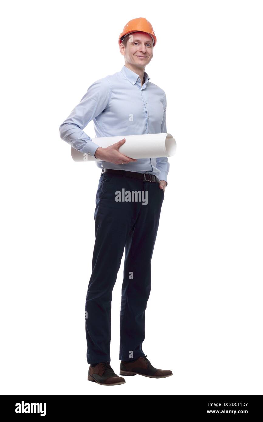 in full growth. smiling architect with a roll of drawings Stock Photo