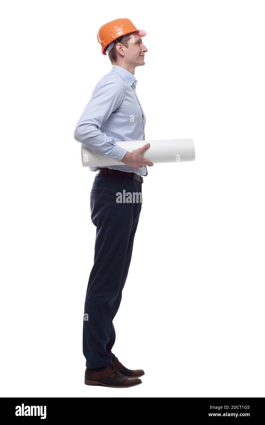 smiling architect with a roll of drawings looking ahead Stock Photo