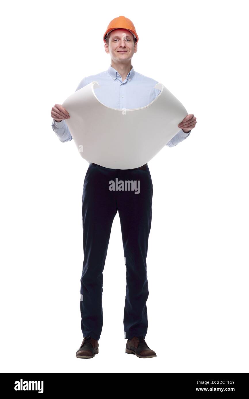 architect reading a new drawing. isolated on a white Stock Photo