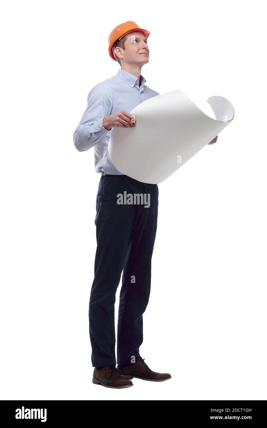 architect reading a new drawing. isolated on a white Stock Photo