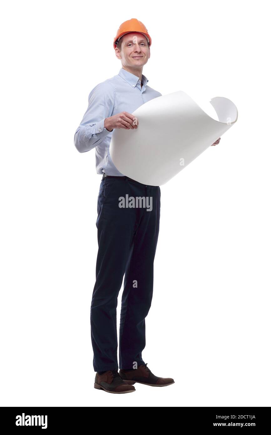 architect reading a new drawing. isolated on a white Stock Photo