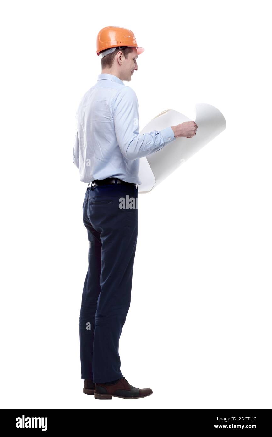 qualified architect with a new drawing. isolated on a white Stock Photo