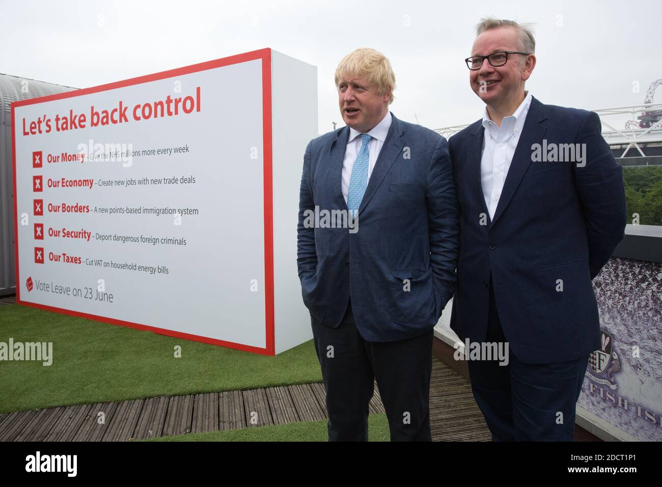 Boris Johnson and Michael Gove at Vote Leave rally in 2016 Vote Leave Rally at Forman’s Fish Island in East London Stock Photo