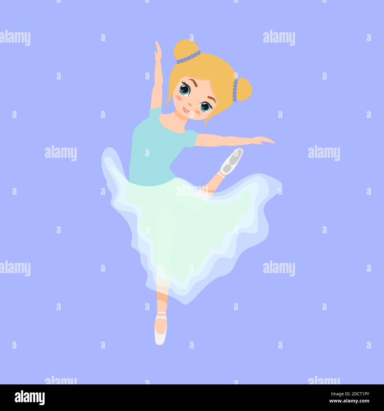 Cute small ballerina dancing. Ballerina girl in blue tutu dress. Beautiful kid flat cartoon vector illustration isolated on blue background. Stock Vector