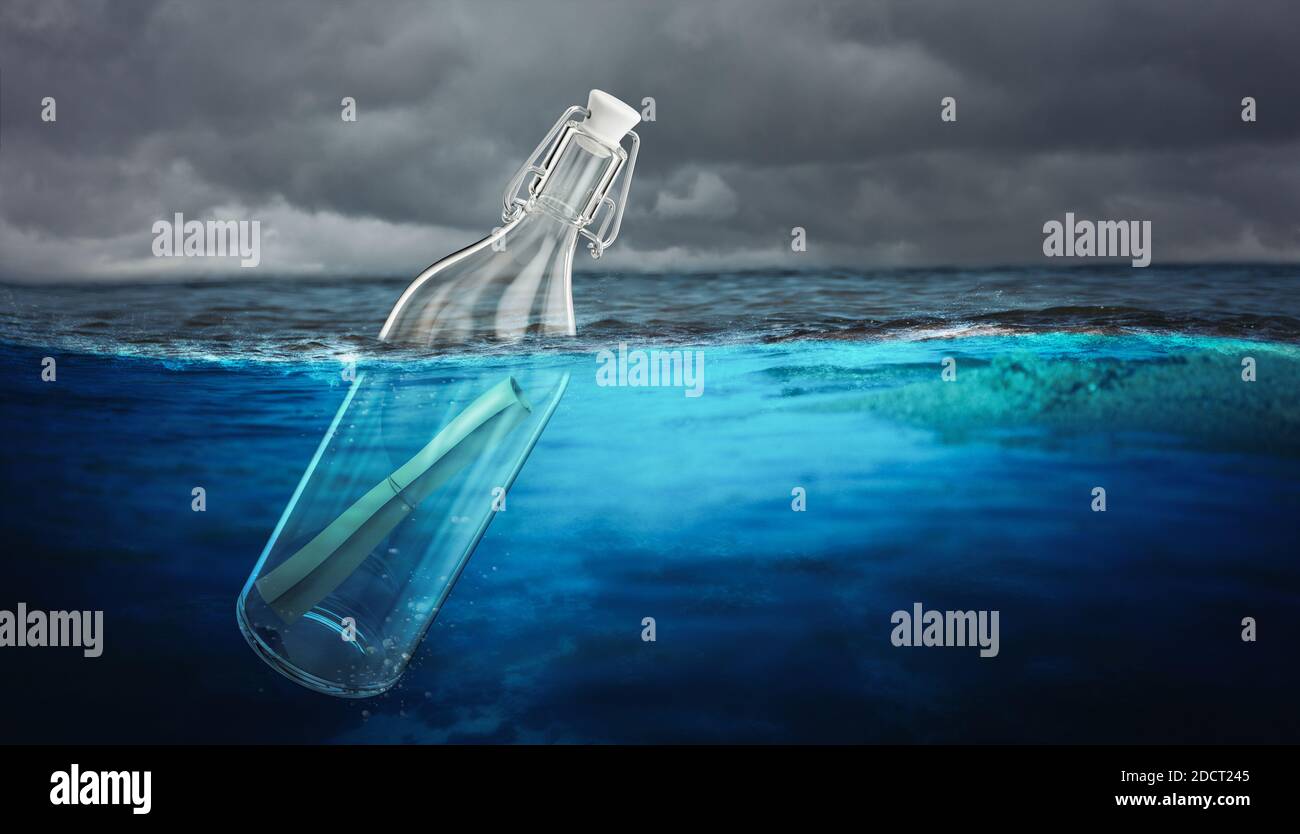 message rolled up in a glass bottle floating in the sea. 3d render. Stock Photo