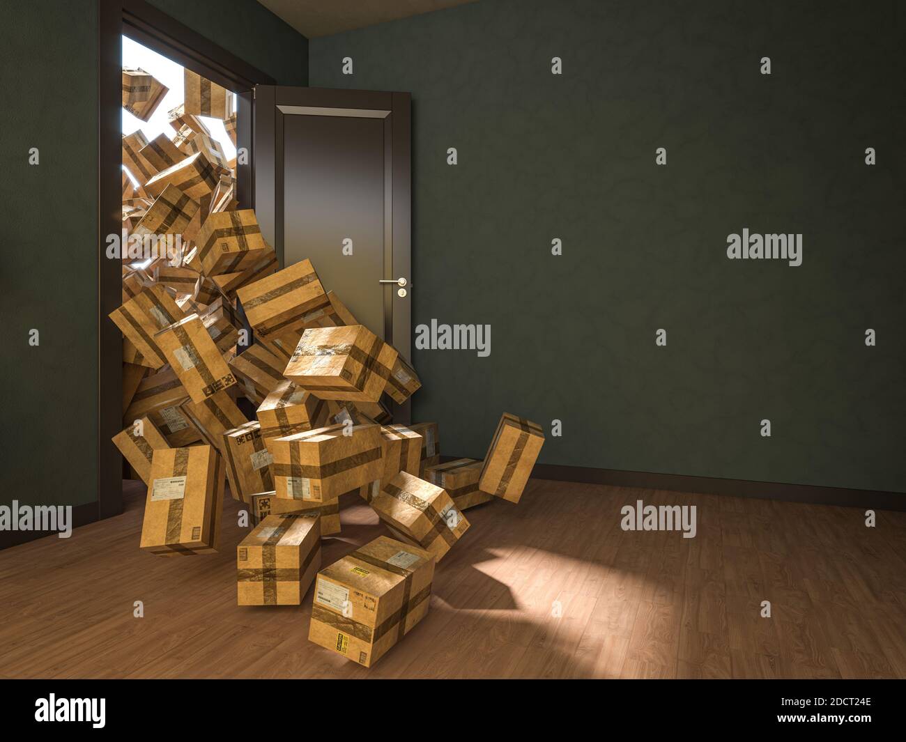 door open and many packages falling inside the apartment. 3d render. concept of online shopping, black friday. Stock Photo