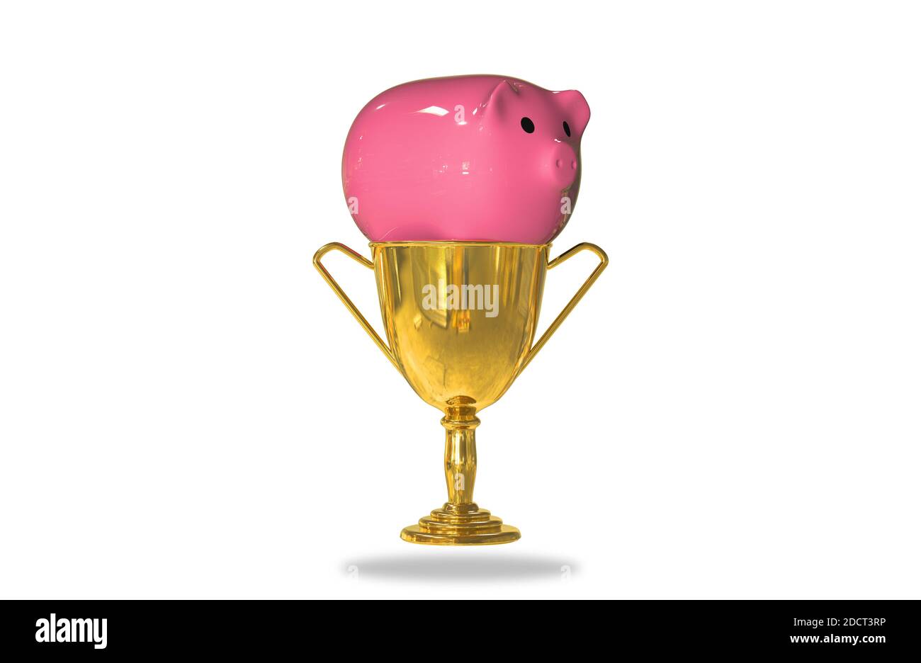 Golden trophy cup isolated on white background with a pink ceramic piggy inside. Award ceremony or saving Money Secret. 3D illustration Stock Photo