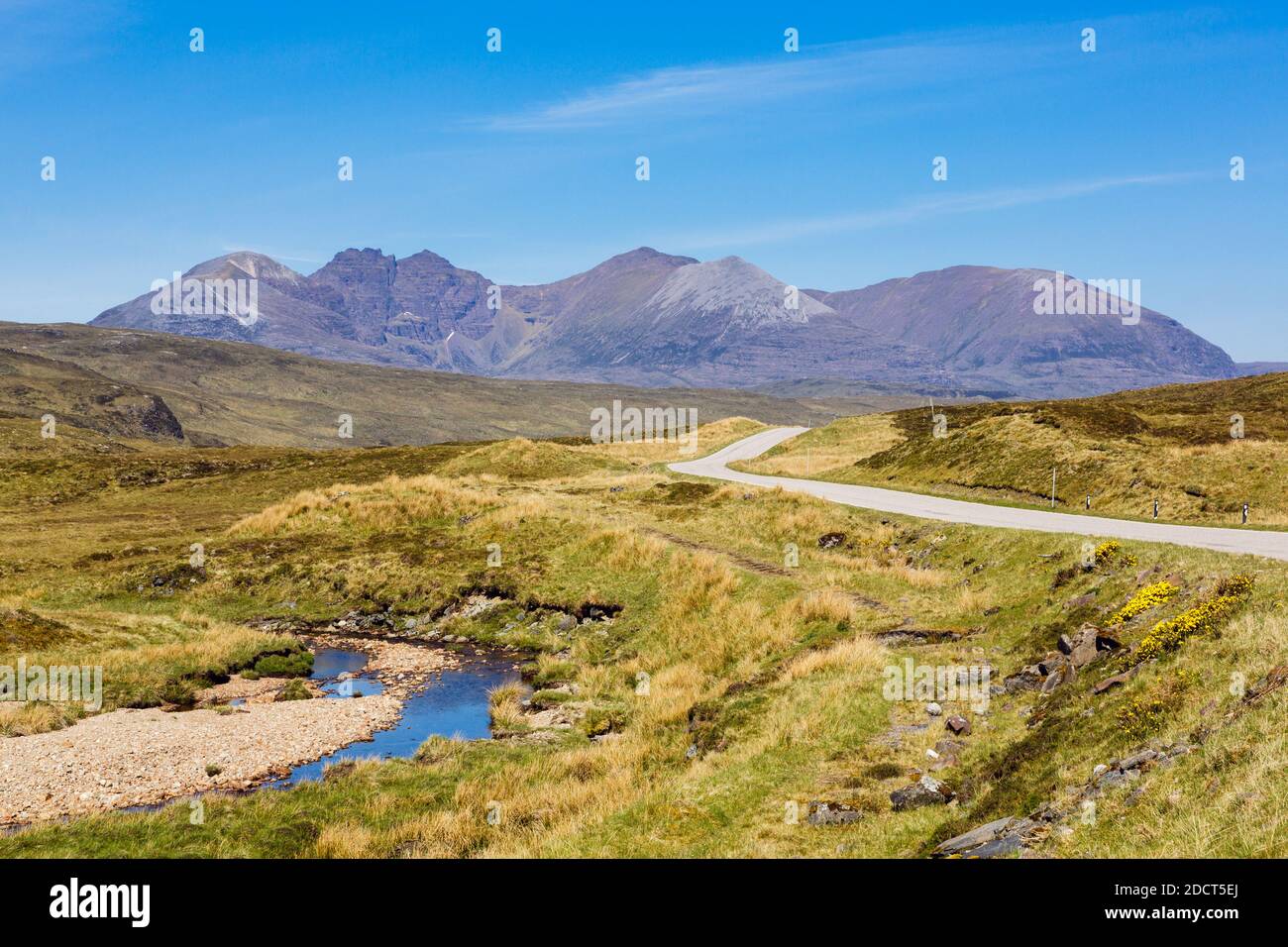 View across moorland countryside towards An Teallach mountain massif in northwest Highlands. Dundonnell, Wester Ross, Highland, Scotland, UK Stock Photo