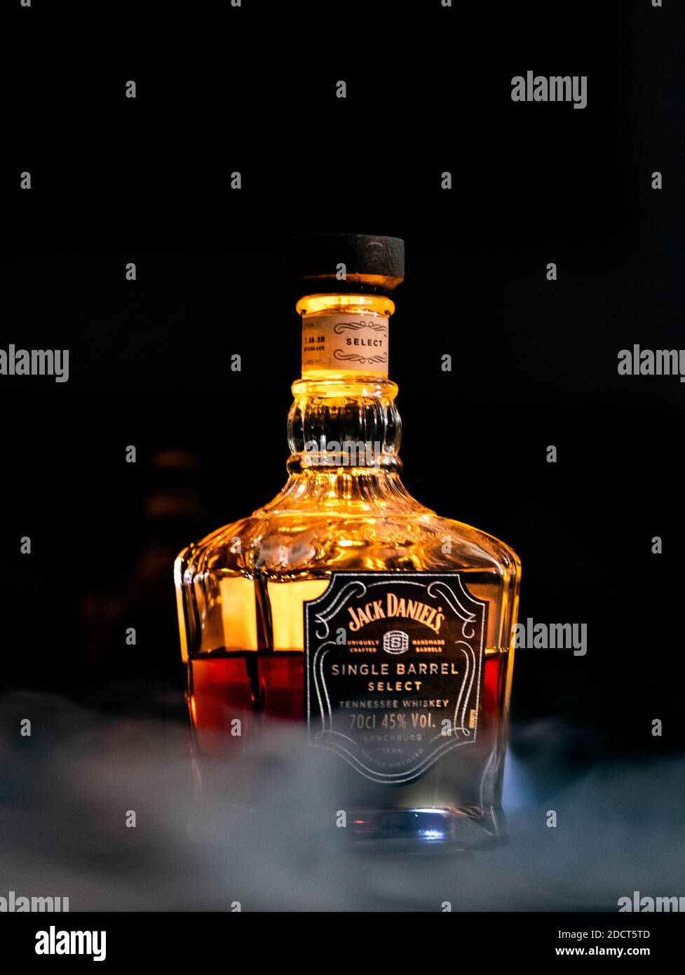 Jack Daniel's whiskey bottle and glass Stock Photo