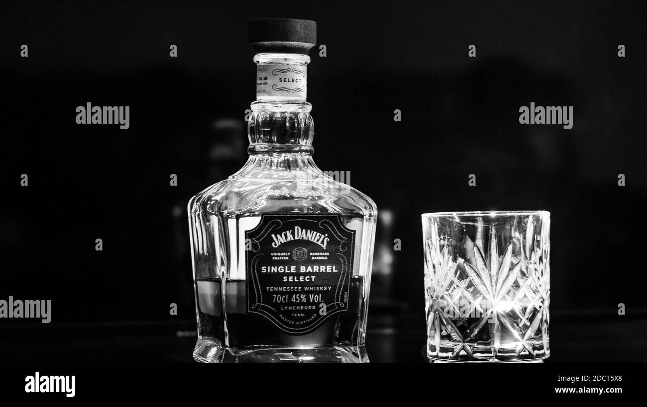 Jack Daniel's whiskey bottle and glass Stock Photo