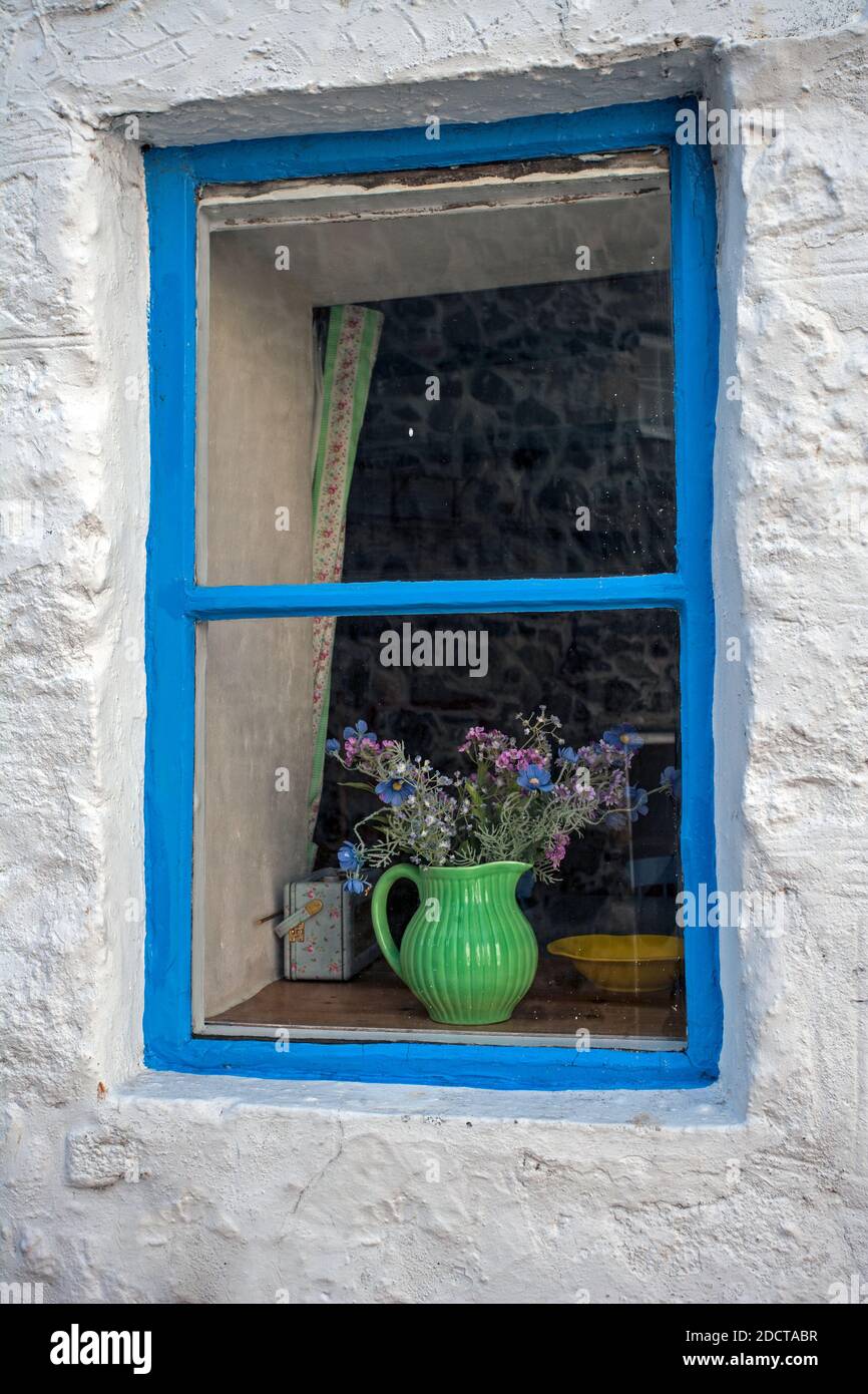 Detail of house with blue painted wooden window frame in St Ives ,Cornwall, United Kingdom Stock Photo